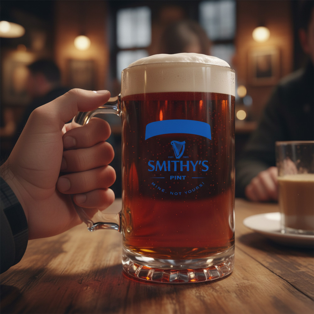 A custom Guinness themed stein that has the custom text Smithy's Pint Mine Not Yours! which is full of Guinness and has a background of a pub