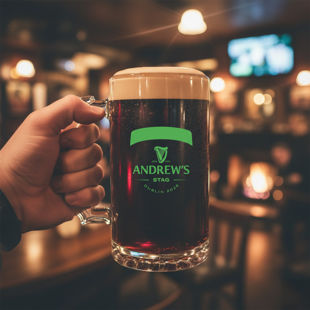 A custom Guinness themed stein that has the custom text Andrew's Stag Dublin 2026 which is full of Guinness and has a background of a pub