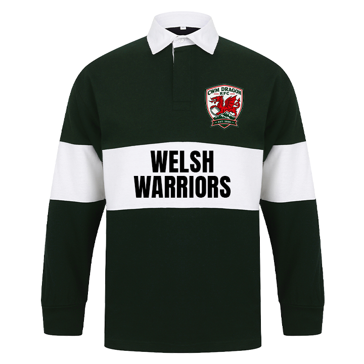 A custom green and white rugby top that has been customised with a badge of a red dragon and text reading Welsh Warriors