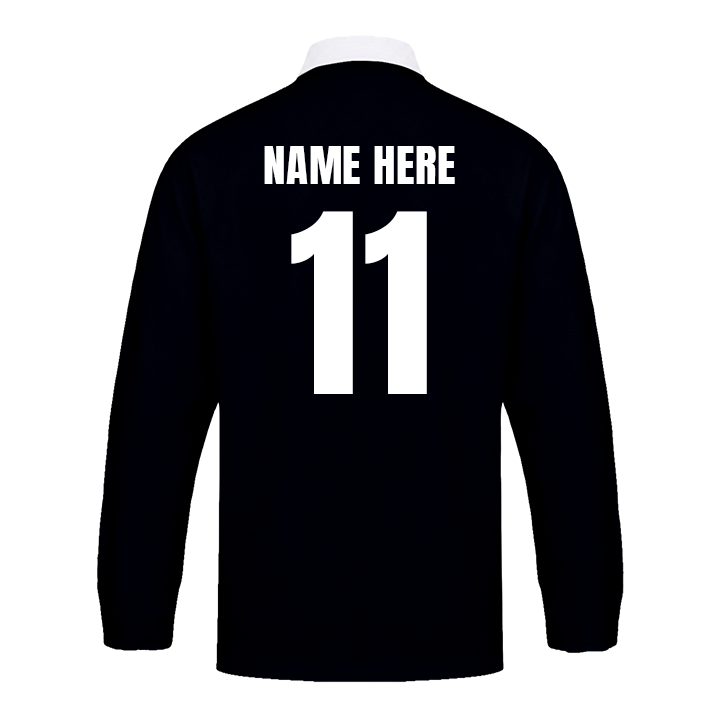The back of a black custom rugby shirt showing how you can personalise it with a custom name and number