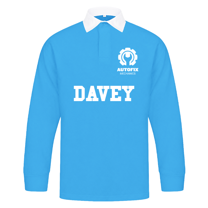 A custom light blue rugby shirt that has been customised with an Autofix mechanics logo in the badge area and the name Davey in the chest area