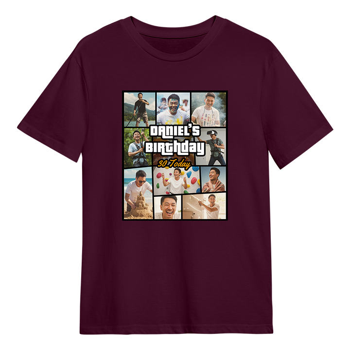 a GTA themed 30th birthday t-shirt that has been personalised with pictures of a 30 year old man with custom text reading Daniel's Birthday 30 Today