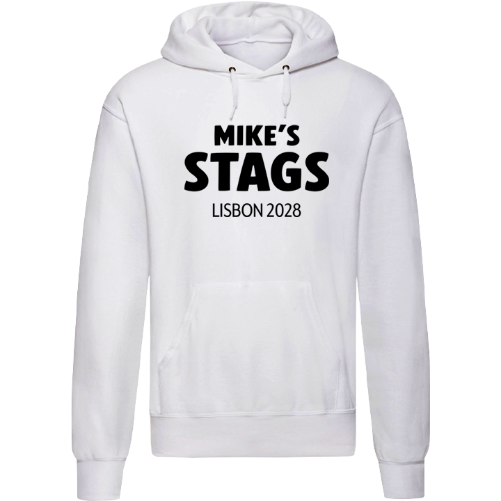 A custom white stag do hoodie that has the custom text Mike's Stags Lisbon 2028 in eye-catching bold lettering 