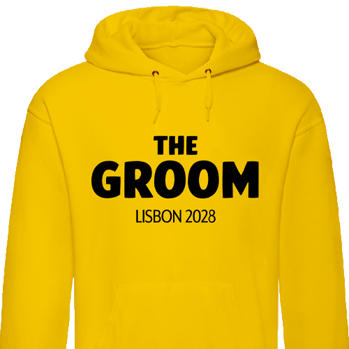 A custom yellow stag do hoodie that has the custom text Mike's Stags Lisbon 2028 in eye-catching bold lettering which changes to The Groom Lisbon 2028 