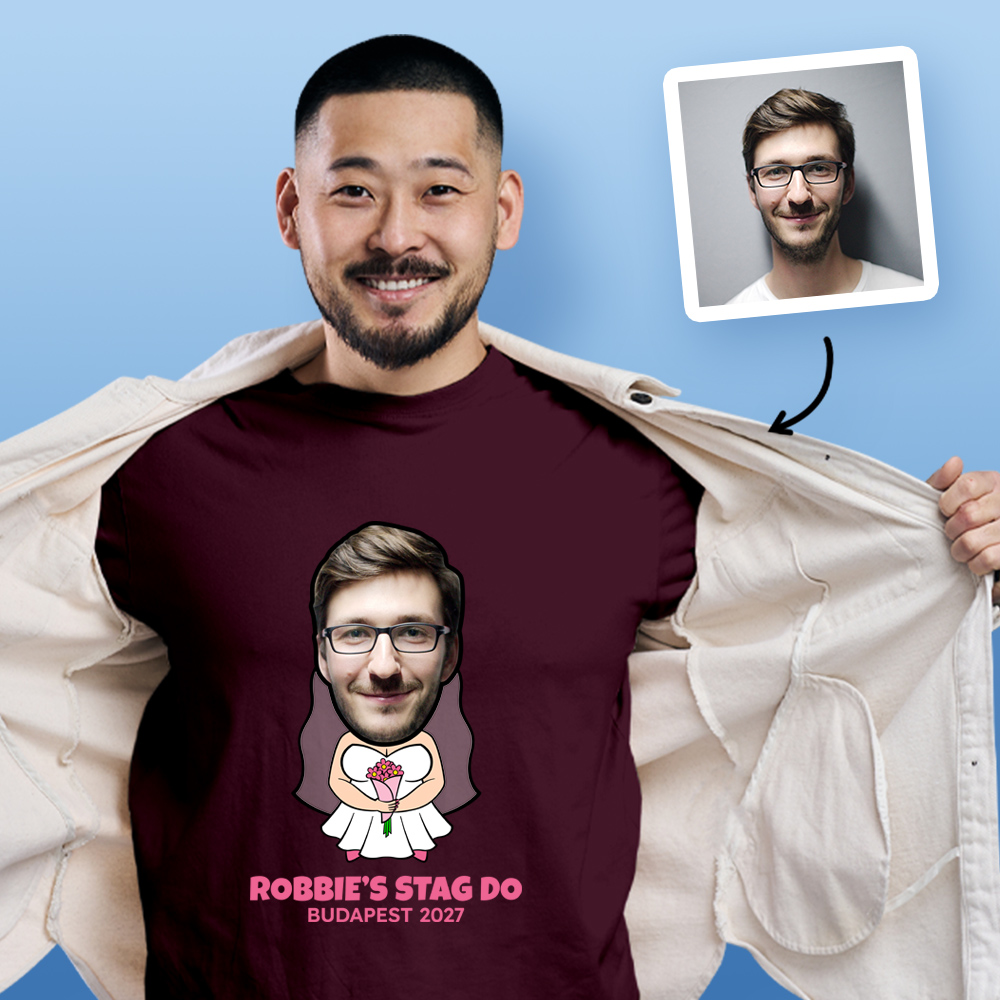 Stag Do Photo T-shirt – Photo, Text, Location on White T-shirt