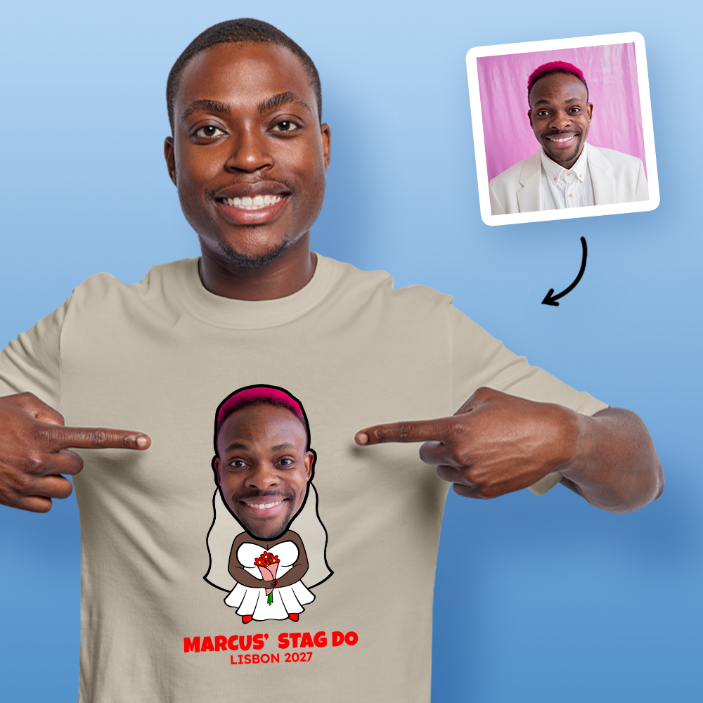 Stag Do Photo T-shirt – Photo, Text, Location on Black T-shirt