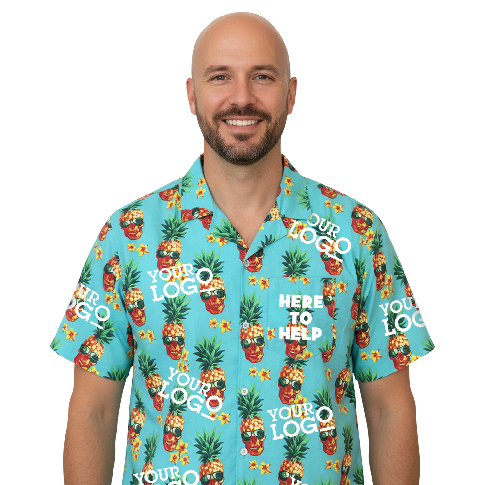 A flamingo design Hawaiian shirt that reads your logo all over it