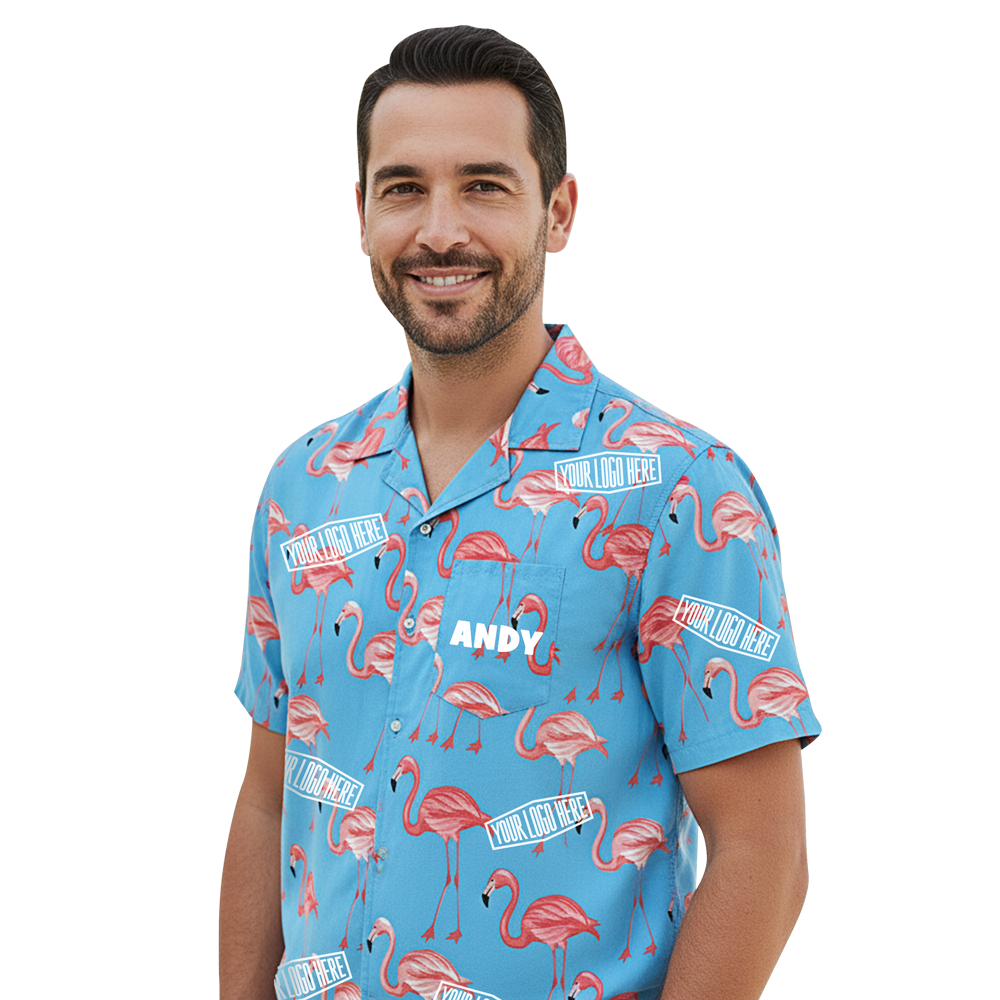 A male model wearing a flamingo style Hawaiian shirt with your logo written all over it and custom text here to help