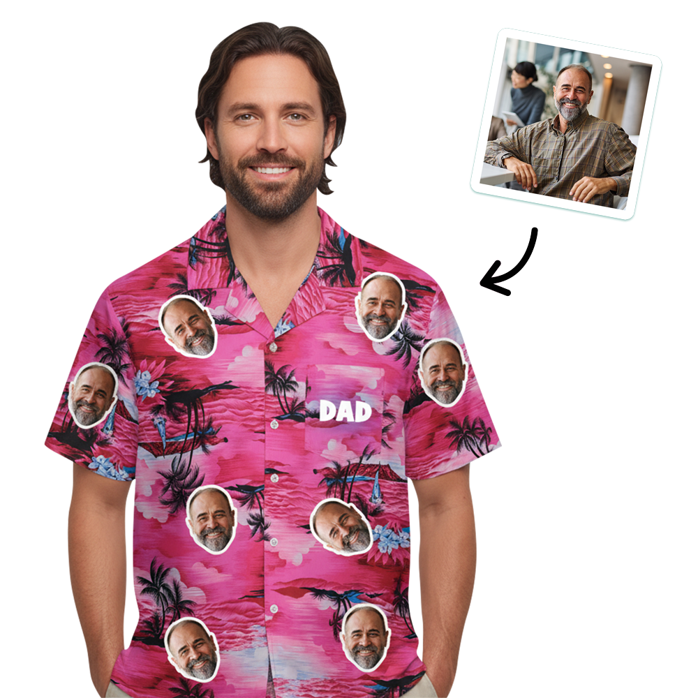 A pink custom Father's Day Hawaiian shirt that has been personalised with 8 faces of a Dad with custom text reading Dad