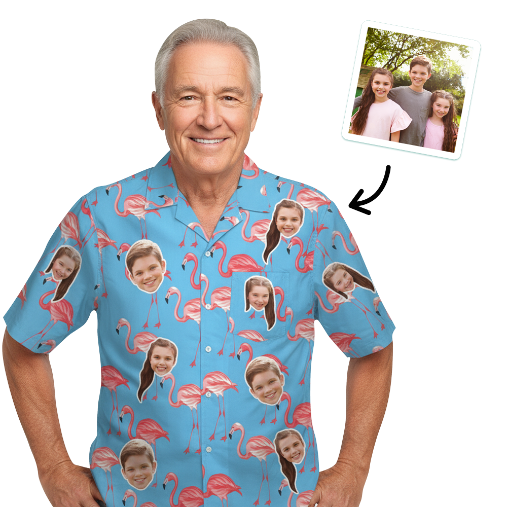 A Dad wearing a custom Father's Day Hawaiian shirt that has been personalised with faces of two different children