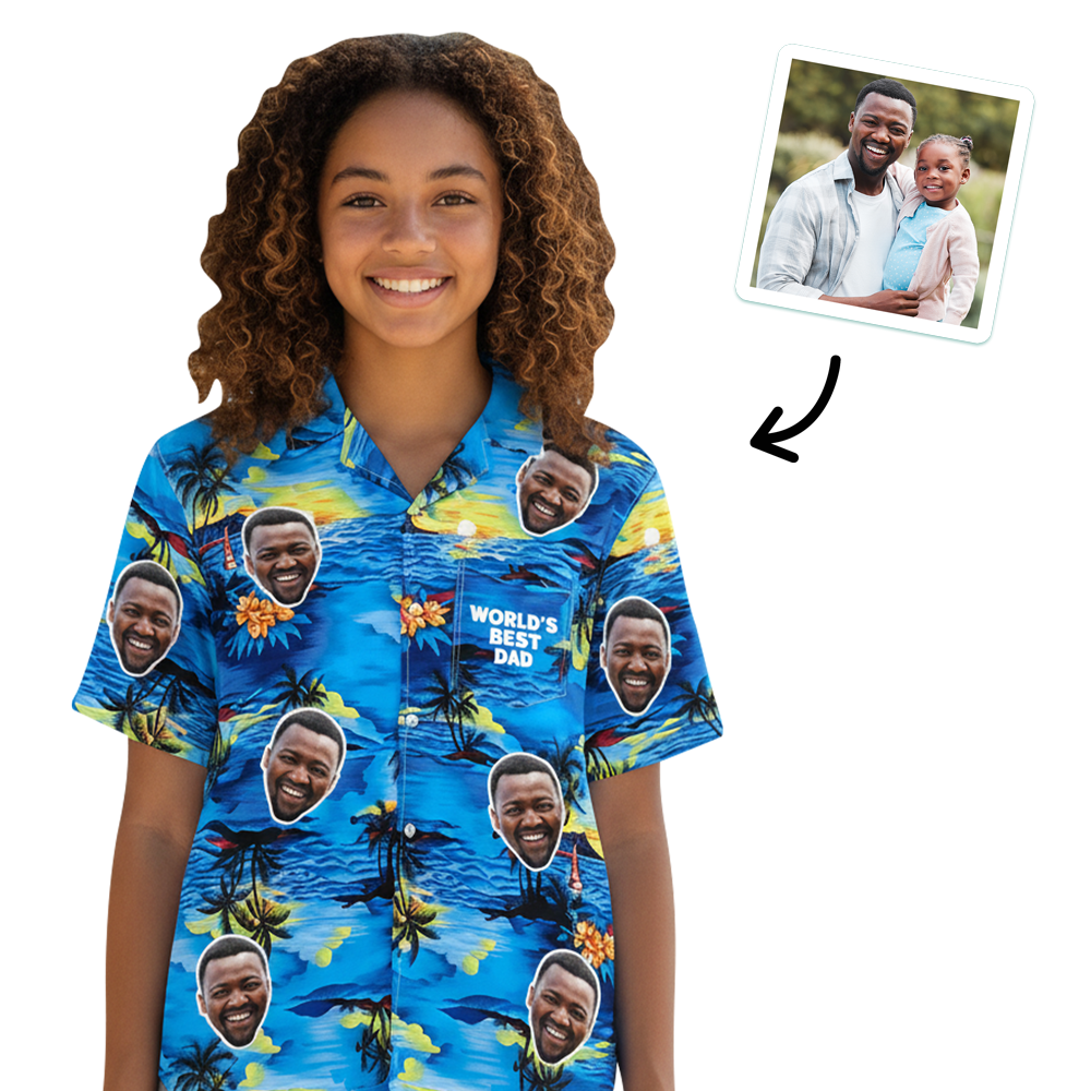 A kid wearing a a custom Father's Day Hawaiian shirt that has been personalised with eight pictures of the kid's Dad with custom text reading world's best Dad