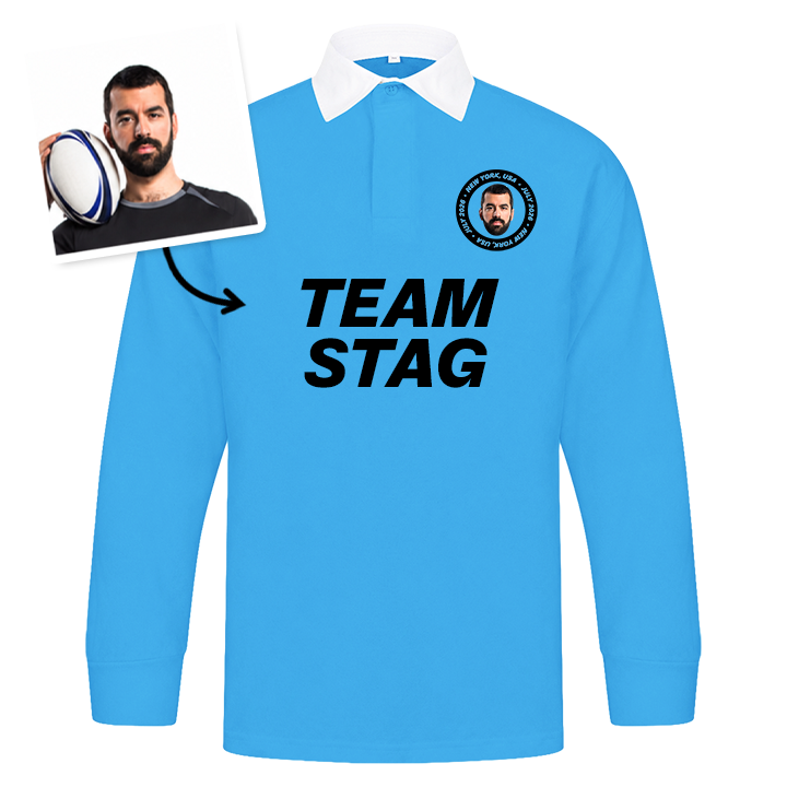 A blue rugby shirt that has a crest with a custom photo of a man in it and custom text reading Team Stag