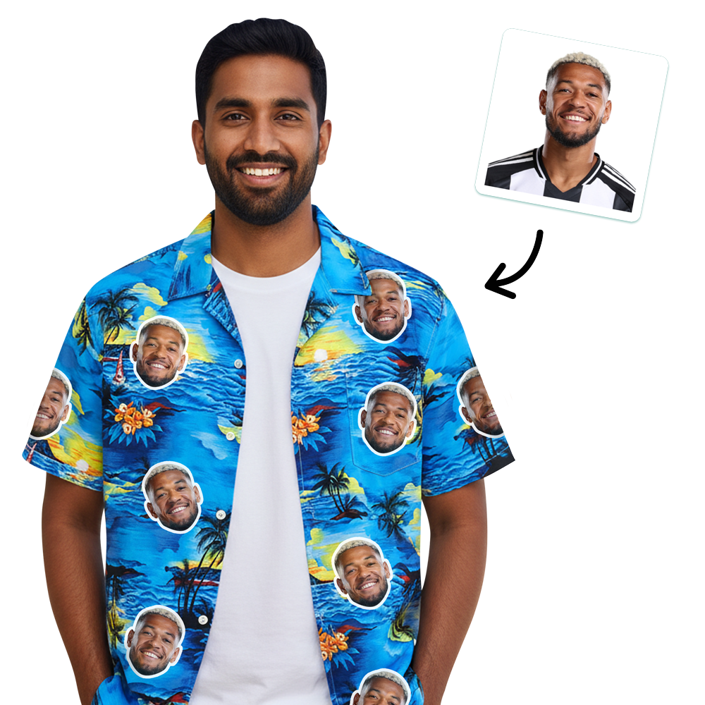 A pink Hawaiian shirt that has been personalised with a photo of a premier league football player