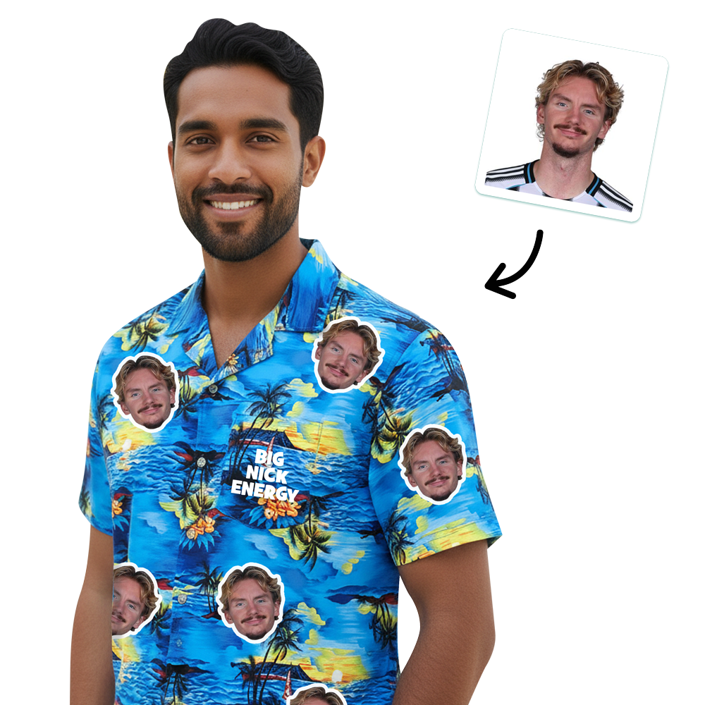 A custom Hawaiian shirt that has been personalised with pictures of Nick Woltemade with the custom text Big Nick Energy