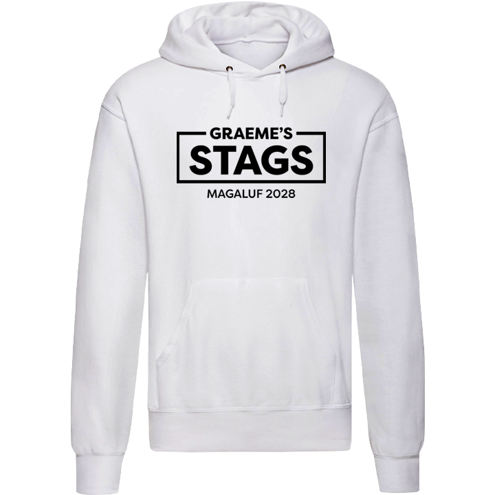 A custom white stag do hoodie where Graeme's Stags has been framed by a black box and underneath that the custom text Magaluf 2028 