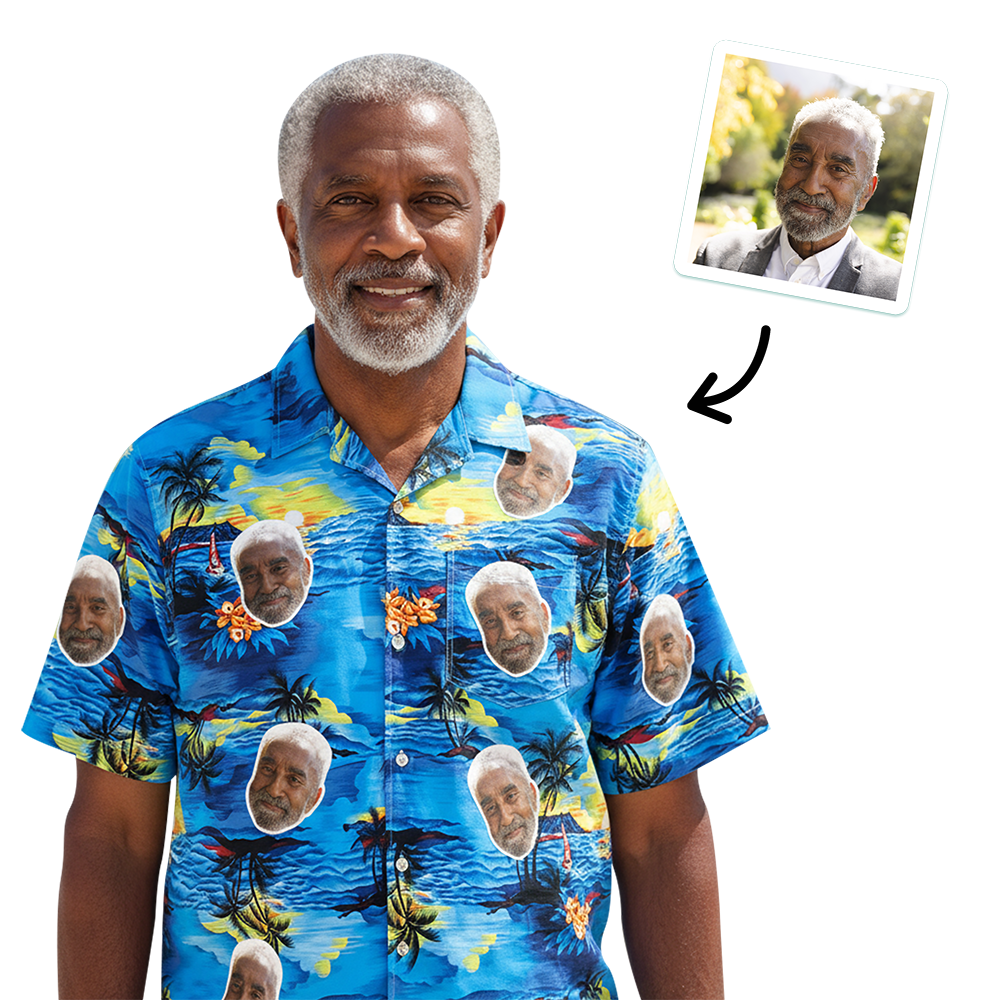 A custom Hawaiian shirt for a funeral that has been customised with the face of a man all over it