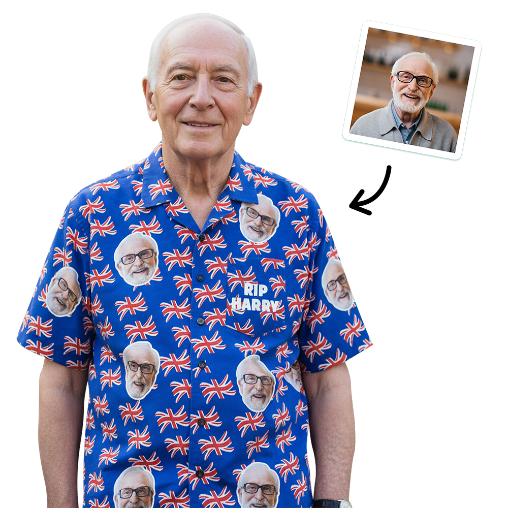A custom Hawaiian shirt with a union jack design for a funeral that has been customised with the face of a man all over it that has custom text reading RIP Harry