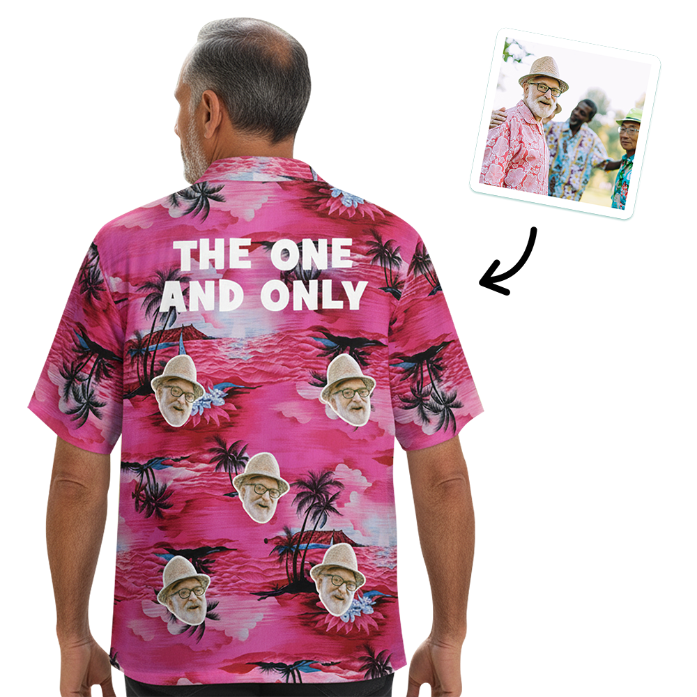 The back of a pink custom Hawaiian shirt for a funeral that has been customised with the face of a man all over it that has custom text reading The One And Only