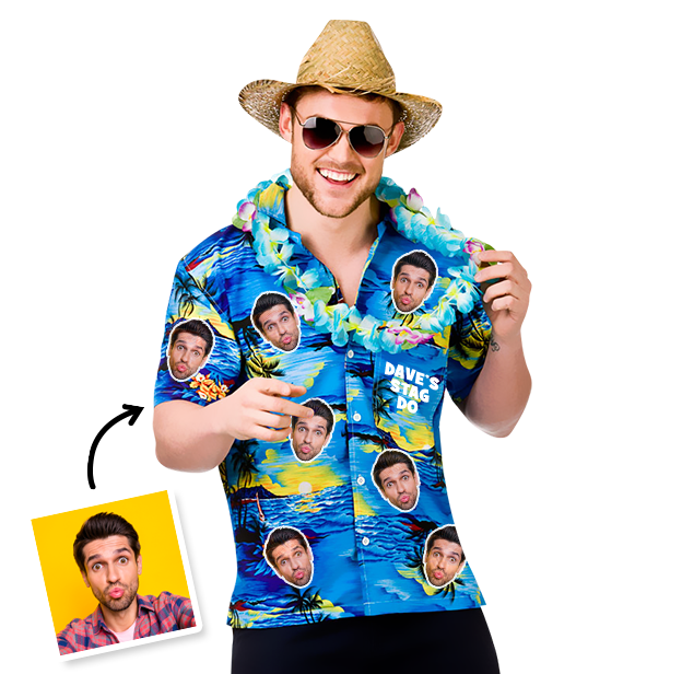 A man in a straw hat and sunglasses wearing a Blue Mai Tai custom photo-print Hawaiian shirt with a picture of his face printed multiple times on it