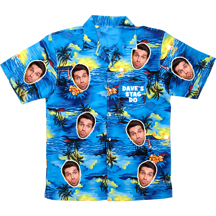 A blue Hawaiian shirt and shorts set with a man’s face plastered all over it