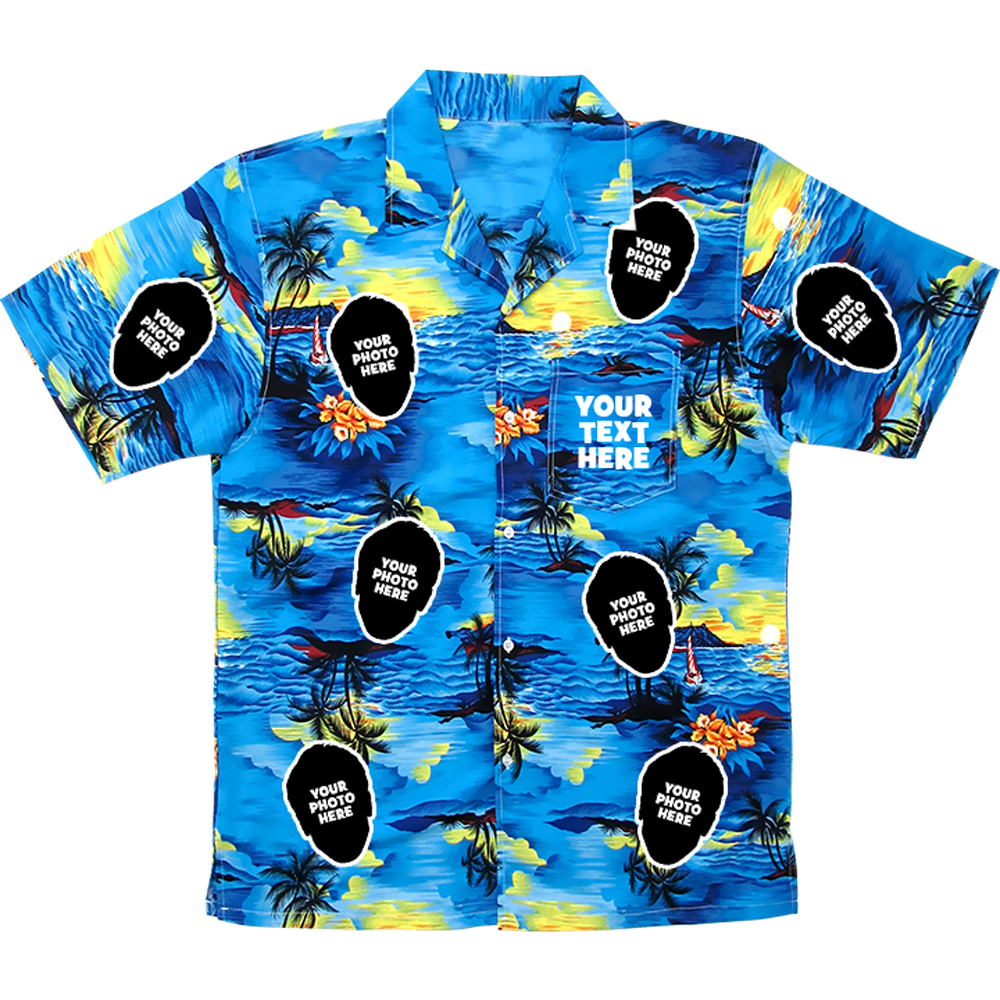A blue Hawaiian shirt with the option to upload a face photo to be printed on it and editable text over the pocket