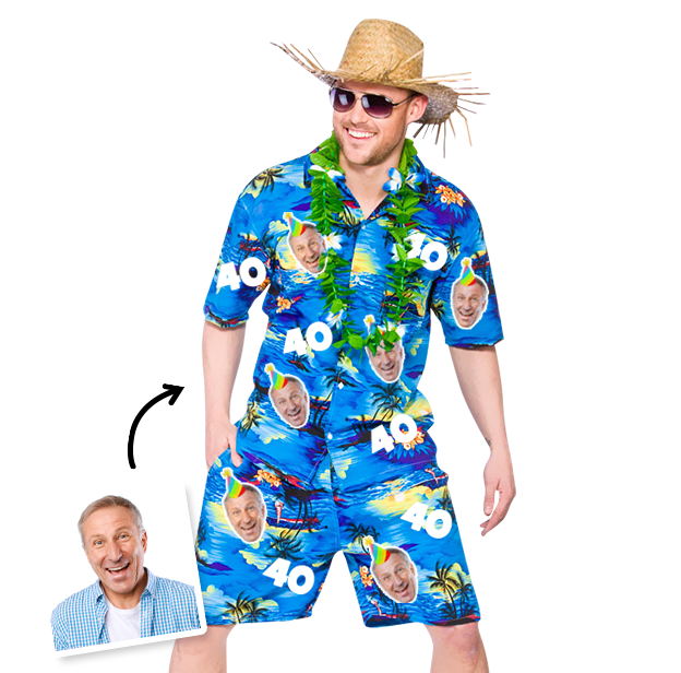 A male model in a hat and sunglasses modelling a custom birthday Hawaiian shirt and short set that can be personalised with someone's face wearing a party hat plastered all over it plus custom text