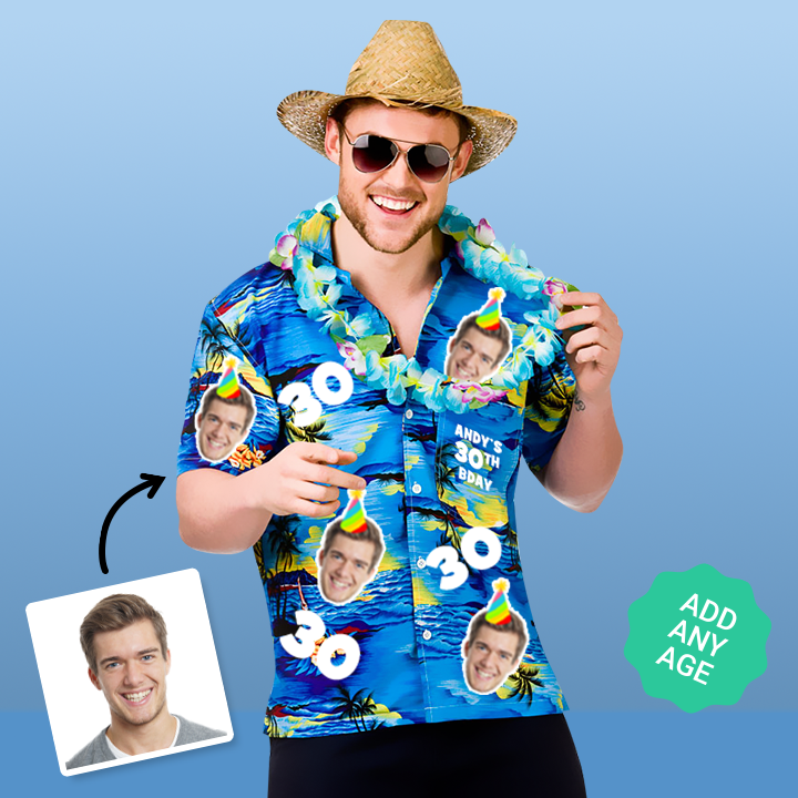 A custom birthday Hawaiian shirt which can be personalised with a picture of someone's face all over it wearing a party hat plus their birthday age 