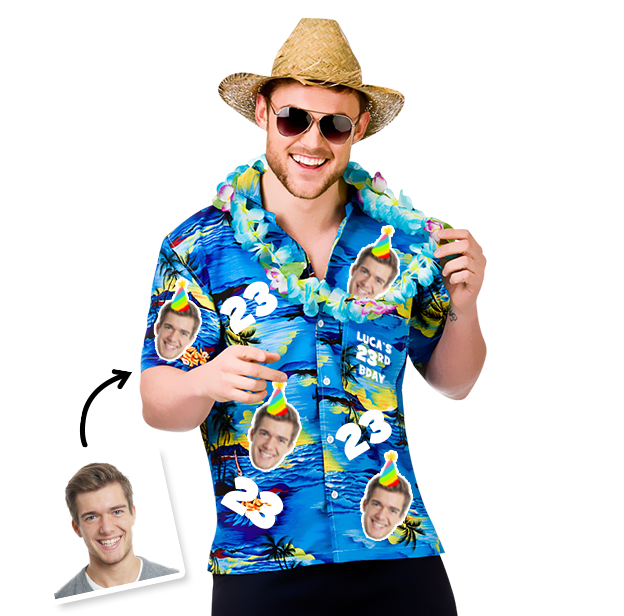 A birthday Hawaiian Photo T-shirt that has been personalised with a man's face wearing a party hat plus the birthday age 25