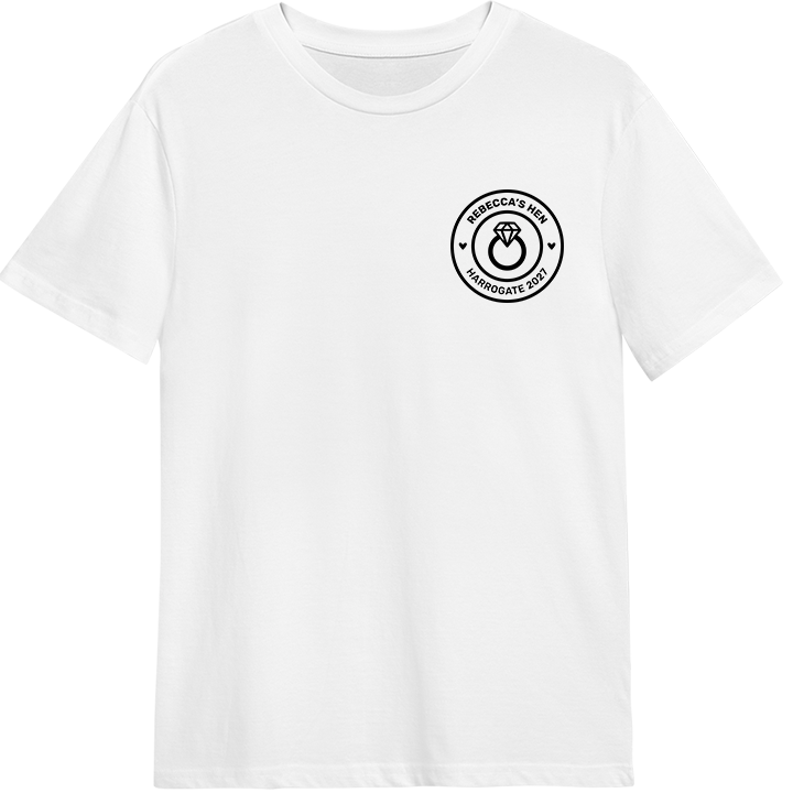A custom hen do t shirt with a circular emblem with an engagement ring in it with the custom text Rebecca's Hen Harrogate 2027 