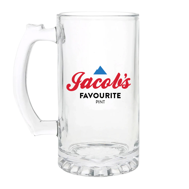 A Coors themed stein boasting a mountain logo that has the custom text Jacob's Favourite Pint 