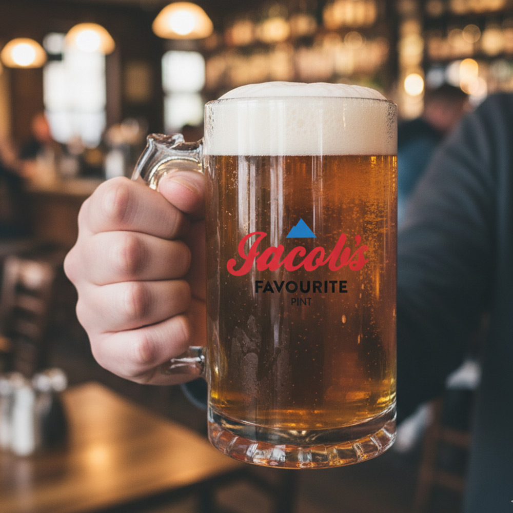 A Coors themed stein boasting a mountain logo that has the custom text Jacob's Favourite Pint with a pub background