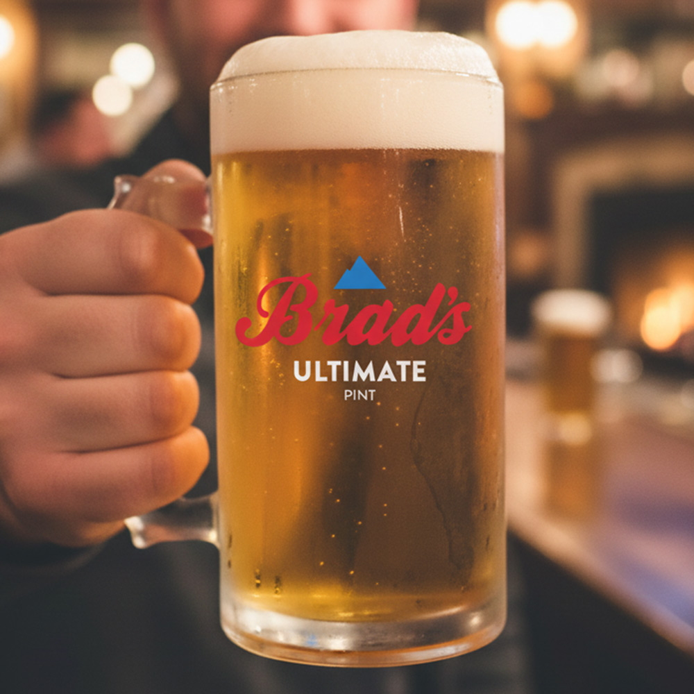 A Coors themed stein boasting a mountain logo that has the custom text Brad's Ultimate Pint with a pub background