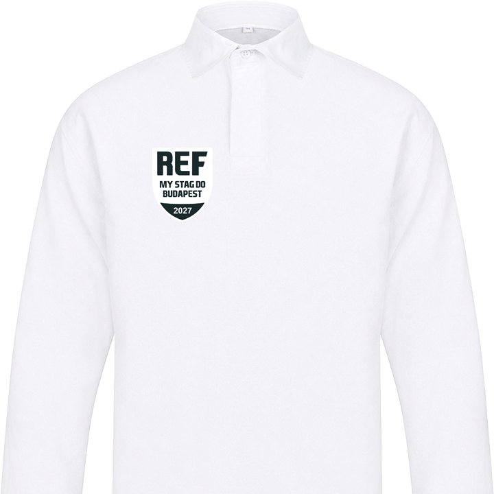 A custom white rugby shirt that has been personalised with a badge that has custom text reading Ref My Stag Do Budapest 2027 on it 