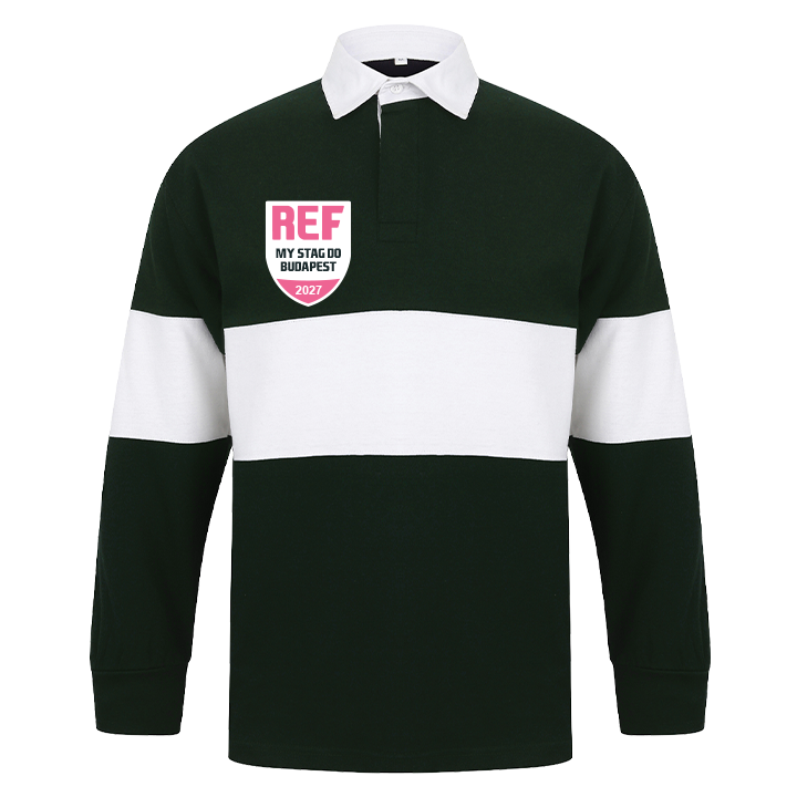 A custom green and white rugby shirt that has been personalised with a badge that has custom text reading Ref My Stag Do Budapest 2027 on it