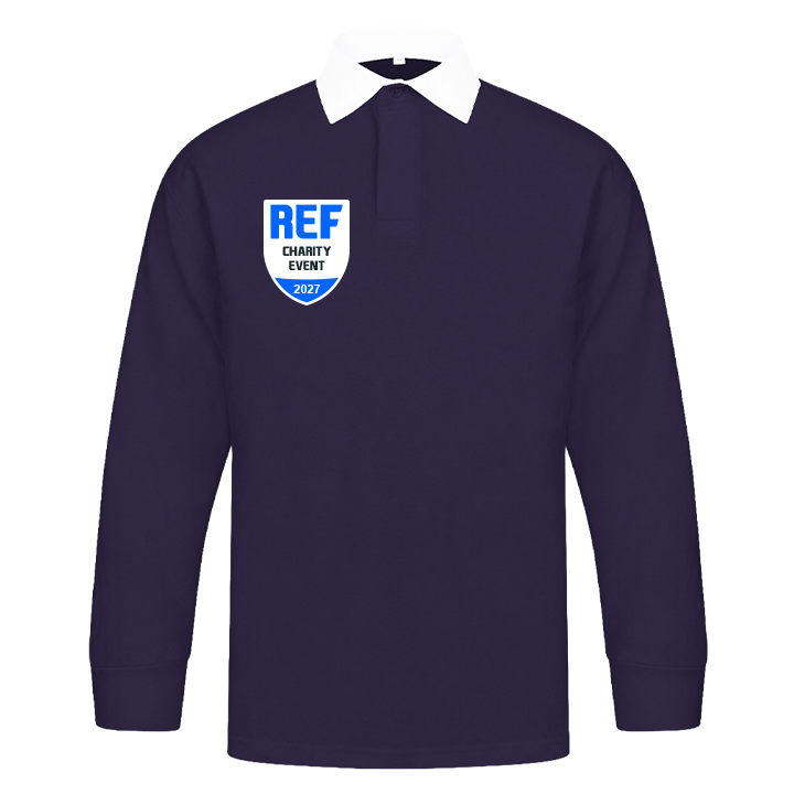 A custom navy rugby shirt that has been personalised with a badge that has custom text reading Ref Charity Event 2027 on it