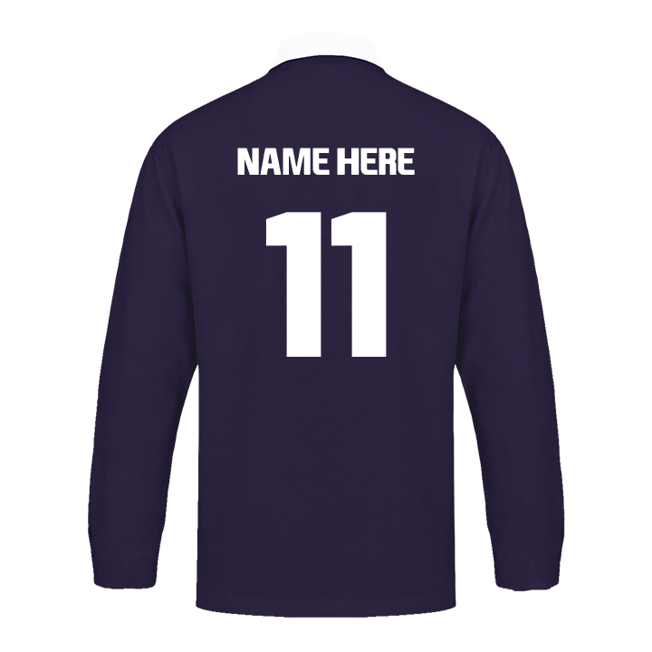 The back of a custom navy rugby shirt which you can personalise with a custom name and number