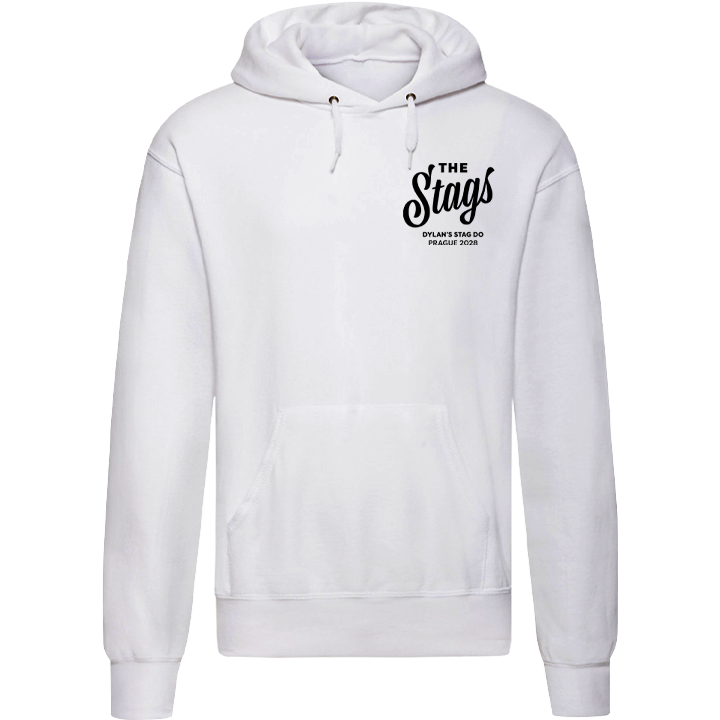 Custom stag do hoodie that reads The Stags in a fancy font and Dylan's Stag Do, Prague 2028 in a smaller block capitals font 