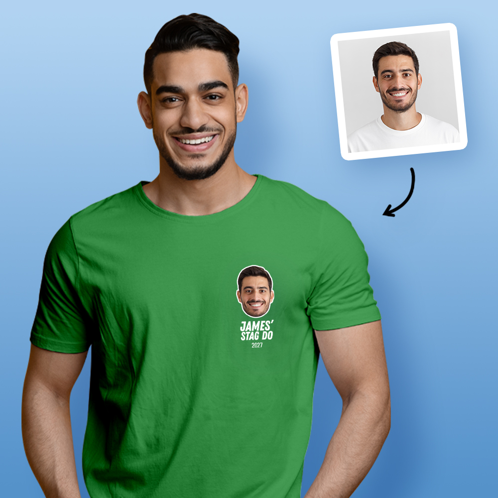 Small Stag Do Photo T-shirt – Photo, Text, Location on Black T-shirt