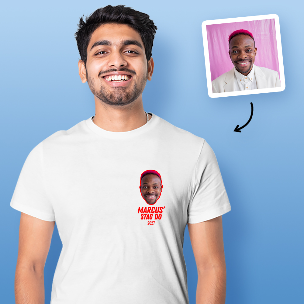 Small Stag Do Photo T-shirt – Photo, Text, Location on White T-shirt