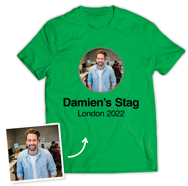Stag Do Photo T-shirt – Photo, Text, Location on Black T-shirt