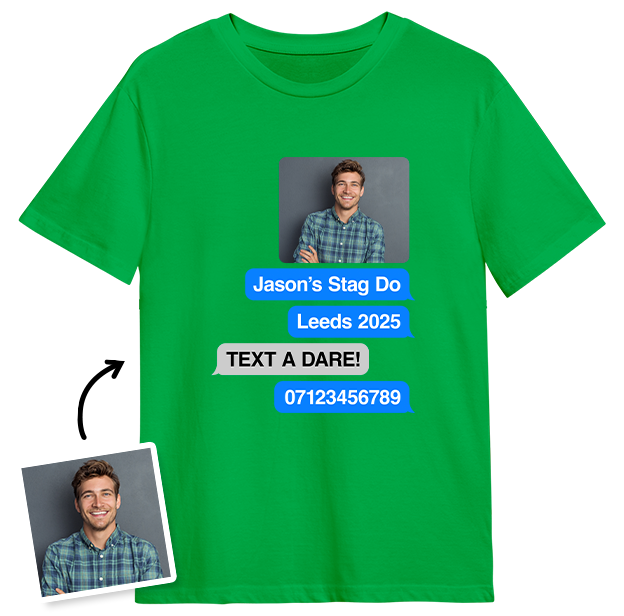 Stag Do Photo T-shirt – Photo, Text, Location on Green T-shirt