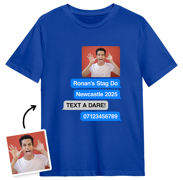 Stag Do Photo T-shirt – Photo, Text, Location on Blue T-shirt