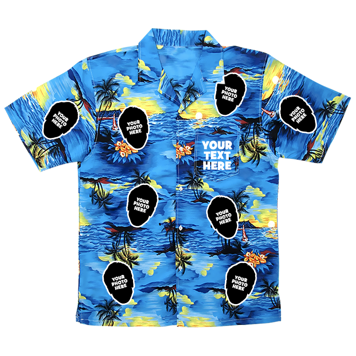 A customisable Valentine's Day Hawaiian shirt that can be customised with a picture of someone's face with custom text 