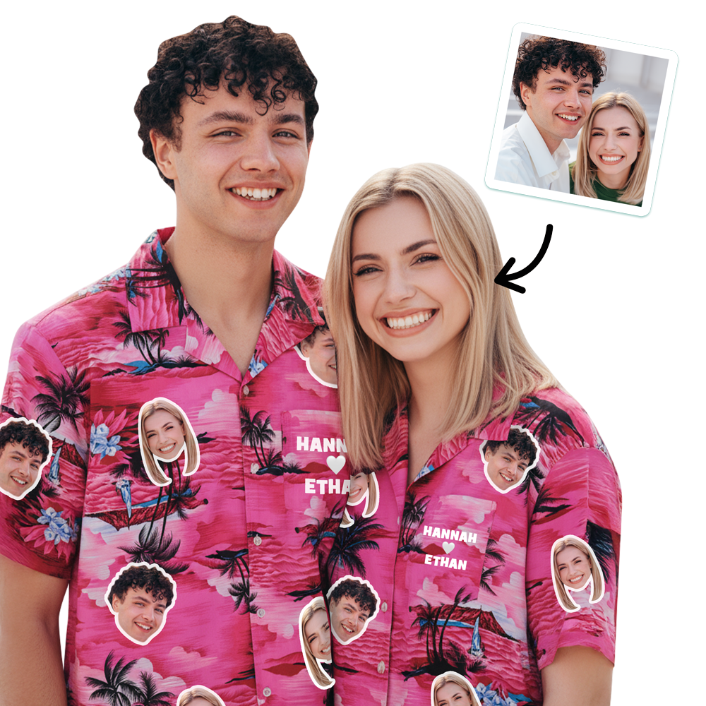 A male and a female couple wearing a matching Hawaiian shirt that have been customised with their faces and custom text reading Hannah <3 Ethan