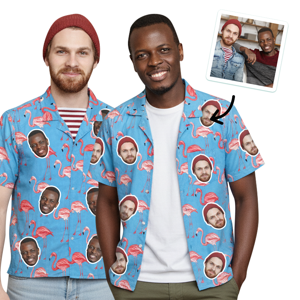 Two male models wearing matching custom Hawaiian Valentine's Day Shirts that have a flamingo design and each other's faces on them