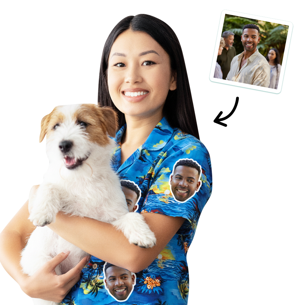 A female model who is holding a dog and wearing a custom Hawaiian shirt that has pictures of her boyfriend all over it