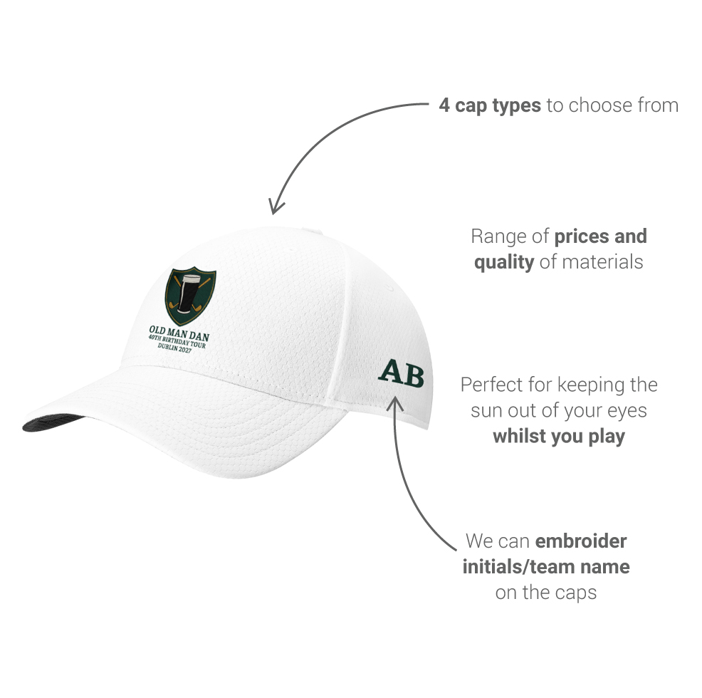 A custom golf cap with a Guinness design that has arrows pointing to it reading 4 types of cap to choose from, range of prices and quality of materials, perfect for keeping the sun out of your eyes whilst you play and we can embroider initials/team name on the caps 