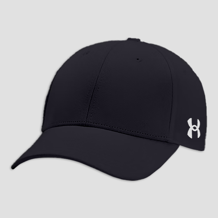 The front of a black Under Armour - UA team blitzing cap which has the Under Armour logo on the side in white 