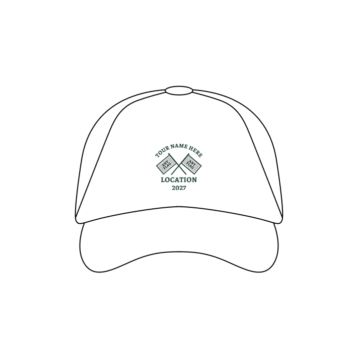 A custom golf cap with a multi flags design that reads tour name here, location, 2027 with flags that cross over each other reading any flag 