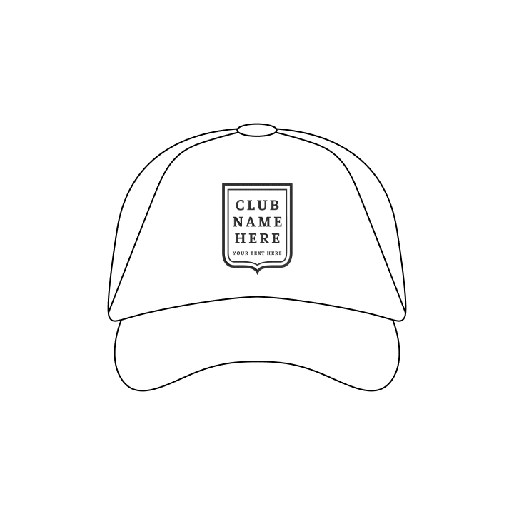 A black custom golf polo cap with a society crest design that reads your club name here and underneath it reads your text here 